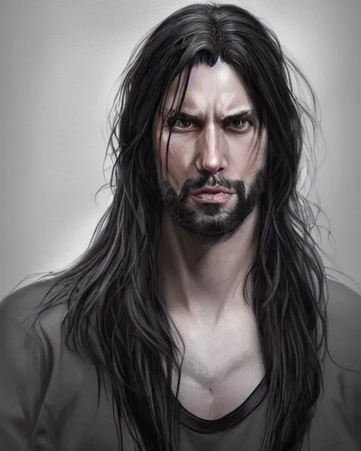 Prompt: portrait of tall, 3 3 - year - old handsome man with long black hair, and grey eyes, wearing black clothes, hyper realistic face, beautiful eyes, character art, art by mark brooks, hyperdetailed, cryengine, trending on artstation, digital art