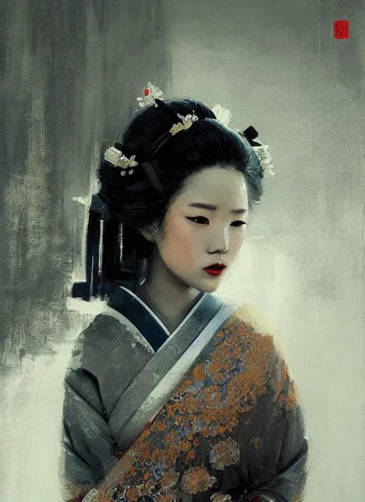 Image similar to female geisha girl, beautiful face, rule of thirds, intricate outfit, spotlight, by greg rutkowski, by jeremy mann