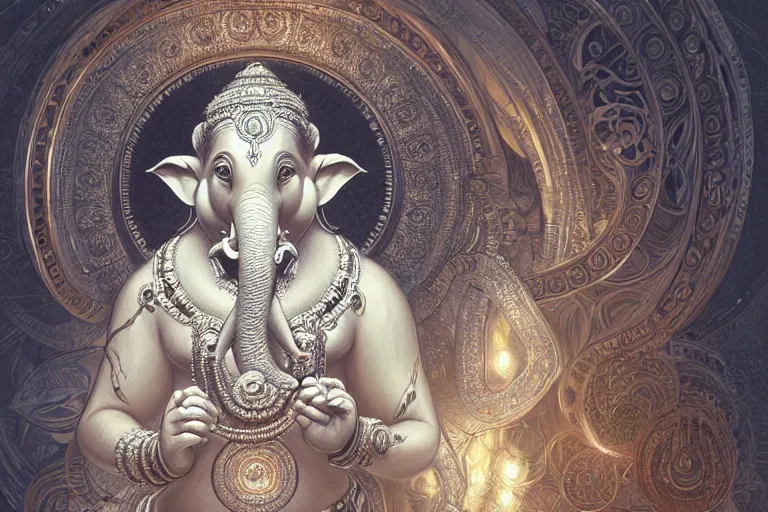 Prompt: rhodium ganesha, mandala, fantasy, intricate, elegant, highly detailed, digital painting, artstation, concept art, matte, sharp focus, illustration, art by artgerm and greg rutkowski and alphonse mucha