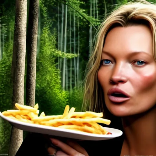 Image similar to A beautiful hyper realistic ultra detailed lifelike matte painting of Kate Moss eating big macs in the forest, serving fries, covered in ketchup, unreal engine, deviantart, flickr, artstation, octane render, textured, colorful, extreme realistic detail, physically based rendering, pbr render, very detailed, volumetric lighting, detailed lighting, octane render, 4k, cinematic lighting, 8k resolution