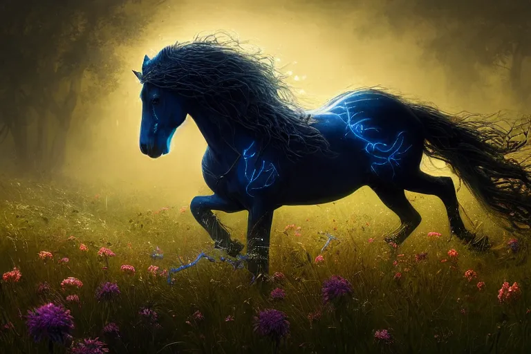Image similar to a stunning horse with a thick mane of bioluminescent vines and flowers running through a meadow by greg rutkowski, high key lighting, volumetric light, digital art, highly detailed, fine detail, intricate, ornate, complex, octane render, unreal engine, photorealistic