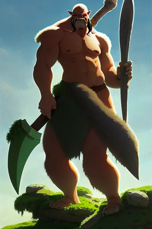 Image similar to orc barbarian male, green skin, exquisite details, big axe, earth magic, mid view, design on a white background, by studio muti, greg rutkowski makoto shinkai takashi takeuchi studio ghibli