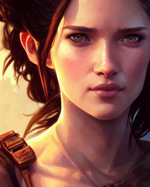 Image similar to Chloe (Uncharted), closeup, D&D, fantasy, intricate, elegant, highly detailed, digital painting, artstation, concept art, matte, sharp focus, illustration, hearthstone, art by Artgerm and Greg Rutkowski and Alphonse Mucha