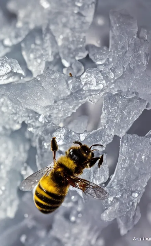 Prompt: a bee finding a beautiful flower, under a layer of ice, beautiful macro photography, ambient light