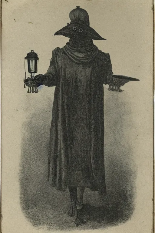 Image similar to 1800s photograph of a plague doctor holding a lantern,