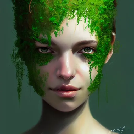 Prompt: a portrait of a girl covered in moss, face, intricate, elegant, highly detailed, digital painting, artstation, concept art, smooth, sharp
