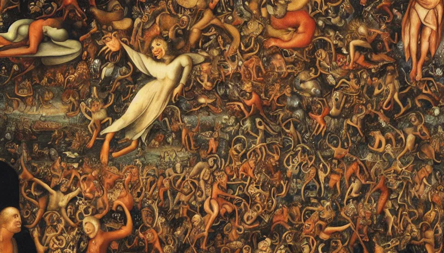 Image similar to johfra bosschart painting details of a bunch of people floating in heaven, bosch demons