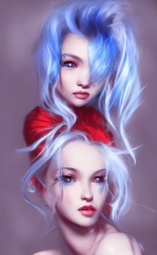 Image similar to the prettiest woman with silver blue hair, in a red and white dress portrait, dynamic lighting, fantasy concept art, trending on art station, stunning visuals, creative, cinematic, ultra detailed, ray tracing, sun rays, hyper realistic