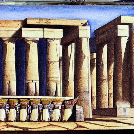 Image similar to an Egyptian temple made from obsidian, painting by Botticelli, sketchbook, Fineliner and alcohol markers