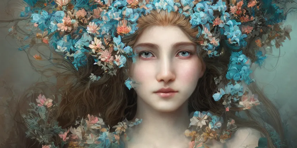 Image similar to breathtaking detailed concept art painting portrait of the hugs goddess of light blue flowers, carroty hair, orthodox saint, with anxious piercing eyes, ornate background, amalgamation of leaves and flowers, by hsiao - ron cheng, extremely moody lighting, 8 k