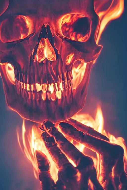 Image similar to photograph of a skull burning while being held up by a skeletal hand photorealistic, hyperdetailed, volumetric light, cinematic, f 8 aperture