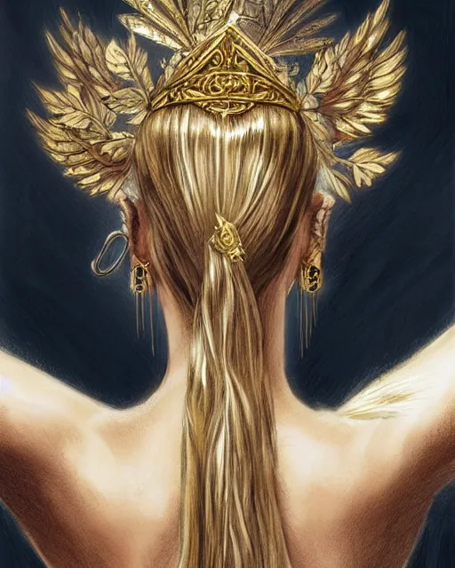 Image similar to tattoo design sketch of hot blonde super model as aphrodite greek goddess wearing a gold laurel wreath and triangle earrings, beautiful piercing gaze with sharp pupils, in the style of greg rutkowski, fantasy, amazing detail, epic, elegant, smooth, sharp focus, front view