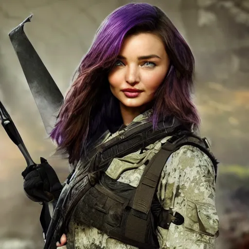 Prompt: Miranda Kerr with long purple hair and sword in call of duty warzone 4k, high detail, high-resolution photograph, professional photography, ultra-detail