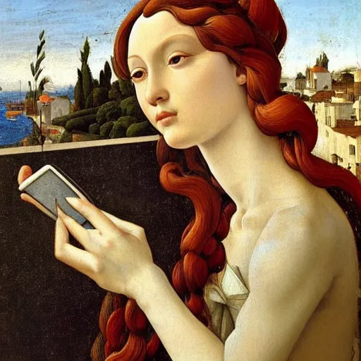 Prompt: late morning on the balcony. a tired young woman with messy hairstyle is anxiously looking at her smartphone. sunlight is beautifully lighting the face. depth of field, in the sun, backlit, closeup, oil on canvas, art by botticelli 1 4 9 9, in the style of the birth of venus, smooth, renaissance, florentine painting, 8 k