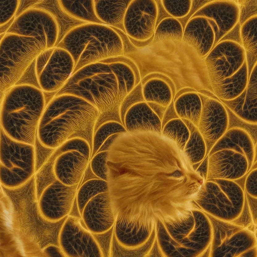 Image similar to kitten hivemind, kitten fractal spiral, matte oil painting, by leonardo da vinci, repeating, infinite recursion, extremely detailed, sharp focus, 4 k