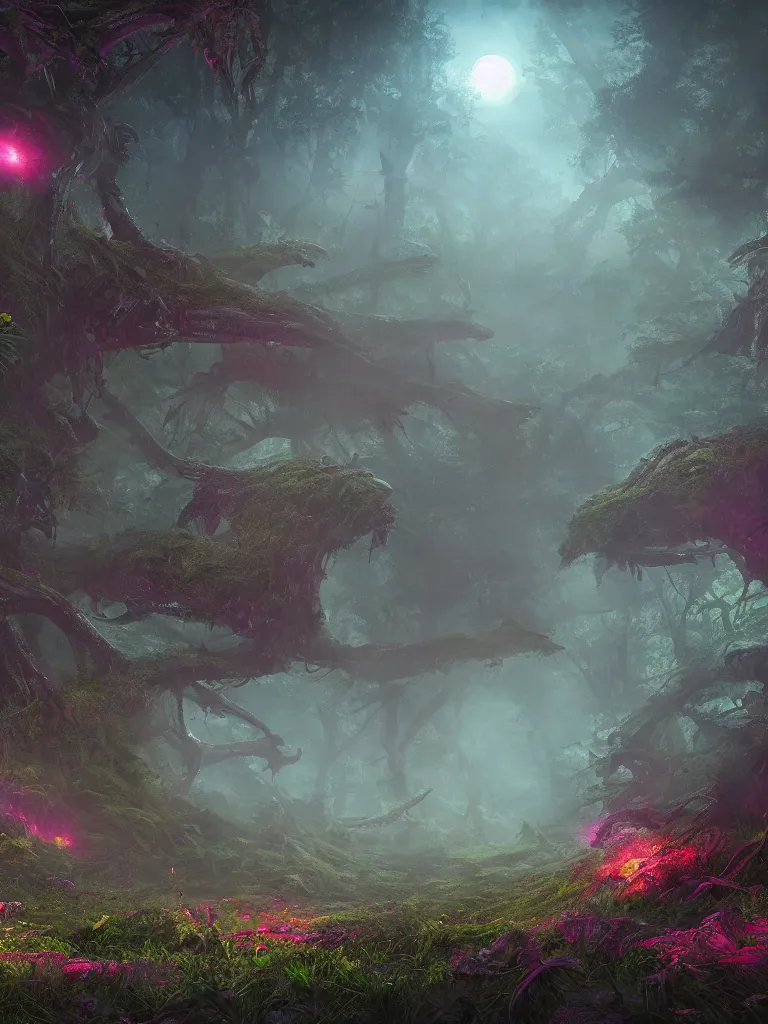 Prompt: a lush alien clearing, alien forest in background, otherworldly, wide angle, flowers, cinematic, very detailed, moon glow, fog, night, vivid, featured on artstation, 4k