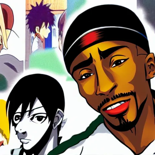 Image similar to Tupac Shakur, screenshot from a 2012s anime, anime