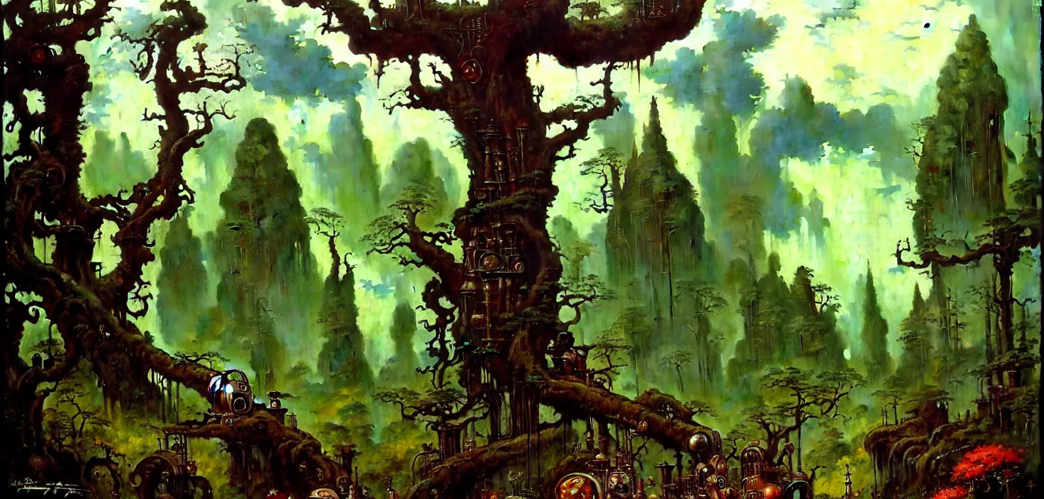 Image similar to exquisite imaginative fantasy landscape lush forests, moody sky, gnarly trees, with steampunk castles movie poster by : : norman rockwell, sargent, james gurney weta studio, trending on artstation james jean frank frazetta