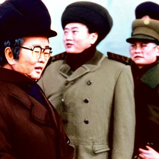 Prompt: filmstill of Kim Jong-il wearing a chapka in the role of Doctor Zhivago by David Lean, 1965, cinemascope, 35mm film, epic romance