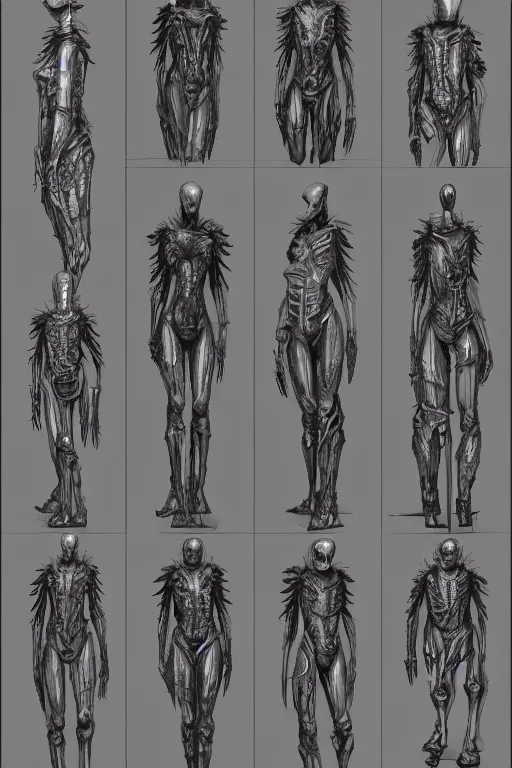 Prompt: vampire with gunmetal grey skin, medical anatomy, very symmetrical face, highly detailed, mecha, three - perspective / three - view reference sheet ( front / back / side ), in the style of dan ouellette, hr giger, sil from species, dren from splice, biomechanical, artstation, unreal engine