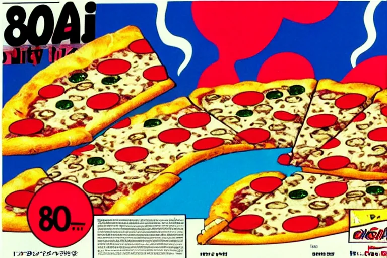 Prompt: pizza, 80s, advertisement, anime, explosion!!!!!!!!!!!!!!!
