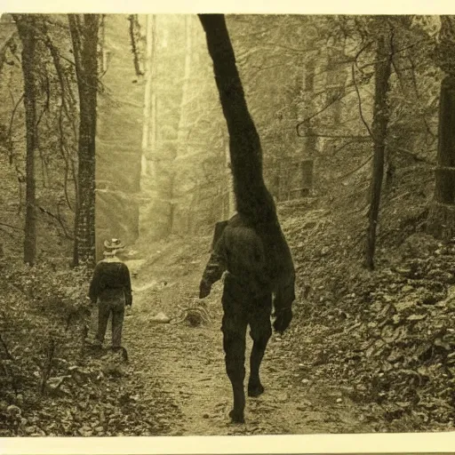 Image similar to old photograph of a monster walking through an eerie forest behind a hiker