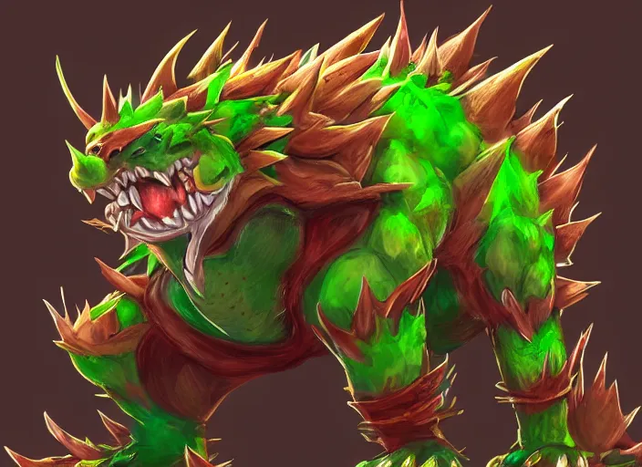 Image similar to detailed concept art of a huge giant bowser by cheng yi and luolin, aartstation, artstationhd, detailed scales, spiky and red hair tuft green scales. bowser, bowser nintendo, koopa, ~ bowser # bowser ( ( mario ) ) bcy. net, realistic. cheng yi, fire breathing. bowser