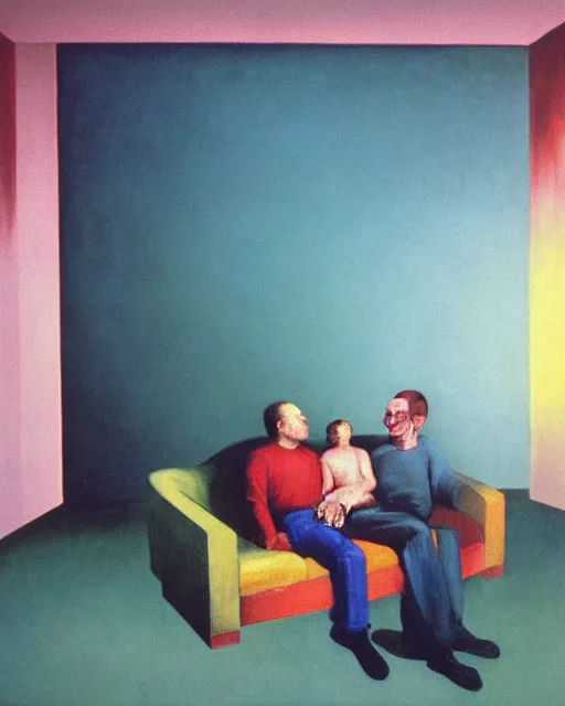 Prompt: early color photo of a very couple sitting on a couch in an old soviet apartment and looking at the scared enlightened boy flying up in sky,, Beksinski painting, painting by Gerhard Richter. Francis Bacon masterpiece, 2007 93 666. thick flowing expressive impasto acrylic painting