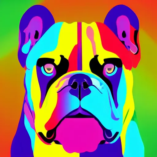 Prompt: rainbow excited smiling bulldog. pop art.