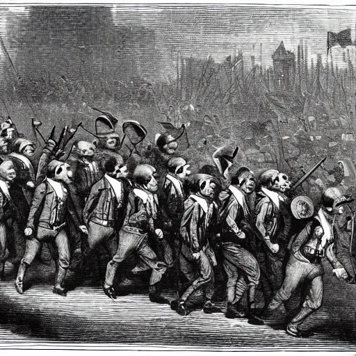 Prompt: minions marching into poland in the style of John Gast, American Progress, 1872