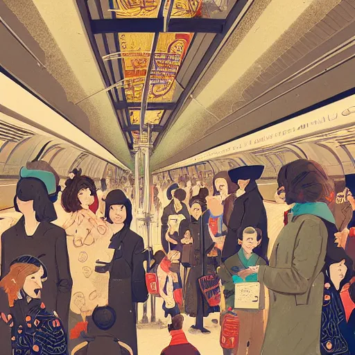 Image similar to parisian subway life, illustration by victo ngai, studio muti, malika favre