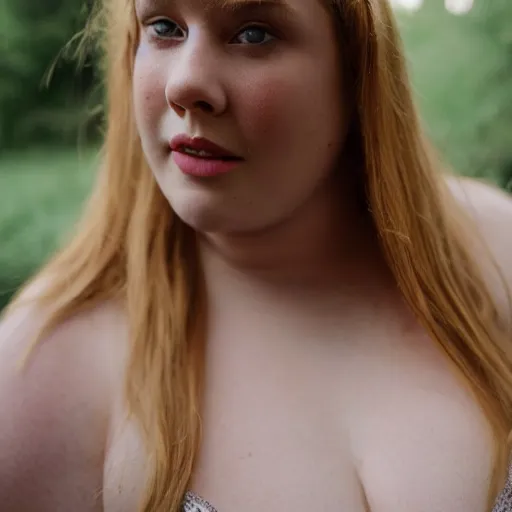 Image similar to brooke ashling, a curvy, radiant, bubbly, 2 5 - year - old canadian plus - size model, long strawberry - blond hair, creamy skin, portrait, 8 5 mm canon f 1. 2 lens, inspired by diane arbus photography, roger deakins cinematography