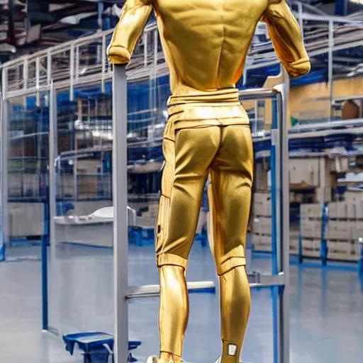 Image similar to a realistic detailed photo of a guy who is an attractive humanoid who is half robot and half humanoid, who is a male android, soccer players martin ødegaard, shiny skin, posing like a statue, blank stare, in a factory, on display, showing off his muscles, gold soccer shorts, back view