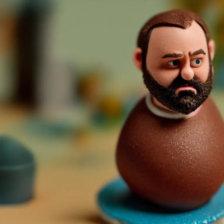 Prompt: a cinematic film still of a claymation stop motion film starring tom segura, shallow depth of field, 8 0 mm, f 1. 8