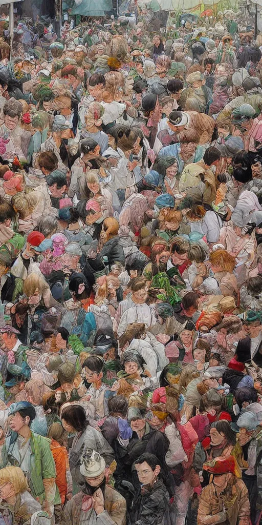 Image similar to oil painting scene crowd from blooming garden by kim jung gi