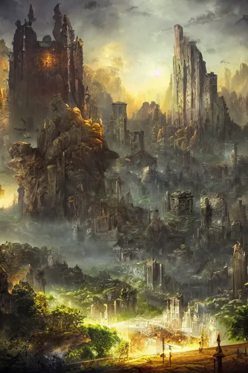 Image similar to beautiful matte painting avant - garde style, fantasy ruins skyline background painted, intricate, volumetric lighting, beautiful, rich deep colors masterpiece, sharp focus, ultra detailed by