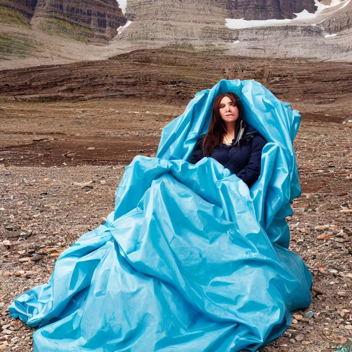 Prompt: a color photograph, closeup portrait of a woman wrapped in plastic, sitting in a plastic throne, in glacier national park in montana, color photograph, by vincent desiderio, canon eos c 3 0 0, ƒ 1. 8, 3 5 mm, 8 k, medium - format print