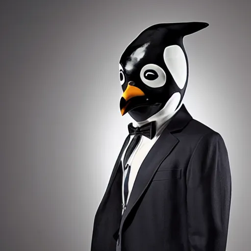 Prompt: Photo of a man in a suit wearing a latex mask of a penguin, dramatic lighting