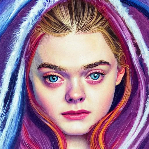 Image similar to professional painting of Elle Fanning in the style of Kingdom Come by Mark Waid, head and shoulders portrait, symmetrical facial features, smooth, sharp focus, illustration, intricate, stormy weather, extremely detailed masterpiece,