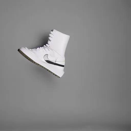 Prompt: a studio photoshoot of A floating Nike high top sneaker designed by Virgil Abloh, leather and suede, Off-White, realistic, color film photography by Tlyer Mitchell, 35 mm, graflex