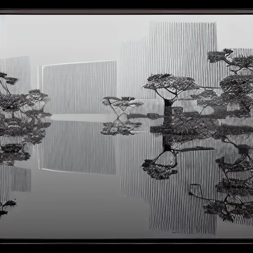 Image similar to remains of the stems of lotus flowers mirrored on a river and looking like sharp geometric scribbles, soft Chinese bridge contour far in the background, light fog, highly detailed black and white photograph by René Burri, 35mm, f/11, ISO 100, concept art, cgsociety, octane render, trending on artstation, artstationHD, artstationHQ, unrealengine