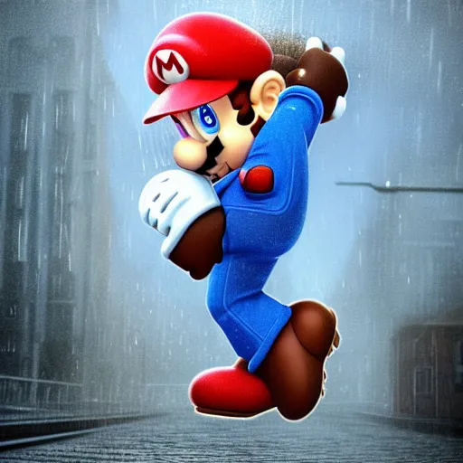 Image similar to depressed Mario in a blue hoodie on the rain, matte painting, realistic, sad, emotional, powerful