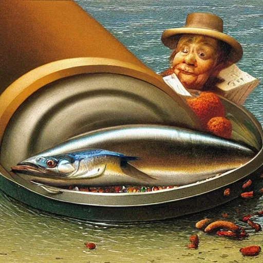 Prompt: sardine in a can, extremely detailed masterpiece, illustration, colorful, by michael sowa,