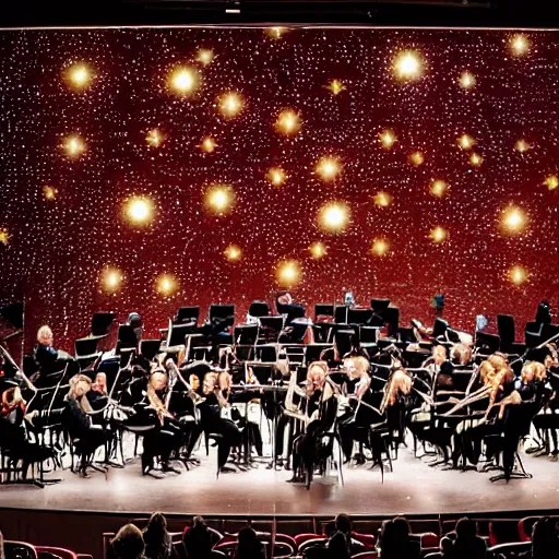 Prompt: count all the stars of that night by heart, the piece ends when all the orchestra members finish counting the stars or when it dawns, volumetric lighting