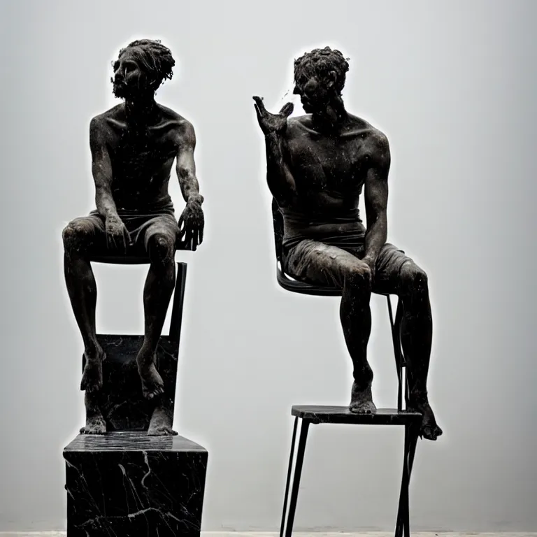 Image similar to a sculpture of a person sitting on top of a chair, a marble sculpture by nicola samori, behance, neo - expressionism, marble sculpture, apocalypse art, made of mist