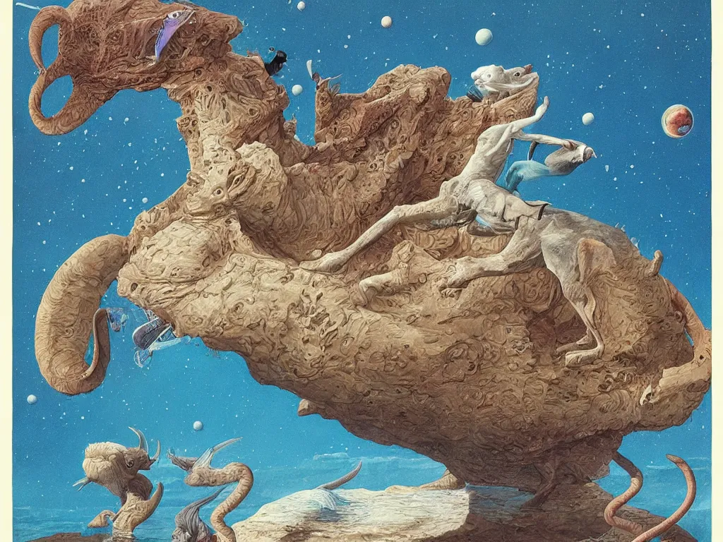 Prompt: Animals on Neptune a million years ago. Painting by Walton Ford, Moebius.