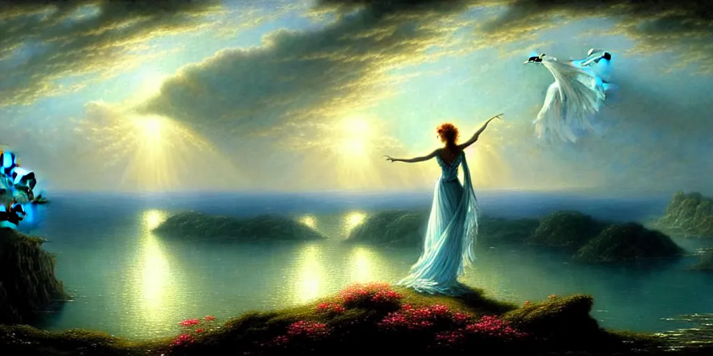 Image similar to an elegant fairy queen in a blue lace dress dancing looking out at a lord of the rings scenery landscape, staring across the sea at a white sail boat, sunrise, god's rays highly detailed, vivid colour, soft clouds, floral sunset, cinematic lighting, perfect composition, gustave dore, derek zabrocki, greg rutkowski, belsinski