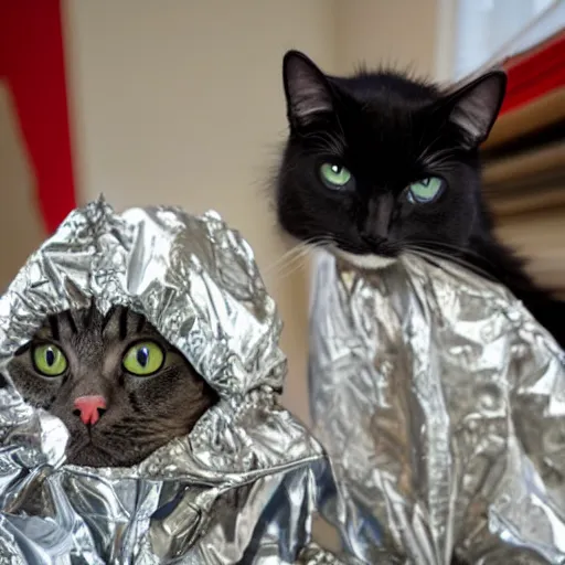 Image similar to cat conspiracy theorist, wearing tin foil hat