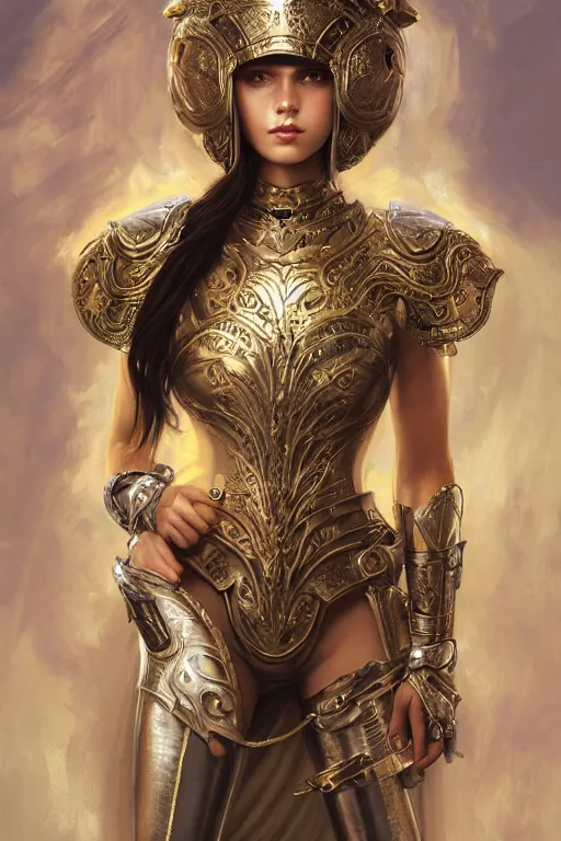 Image similar to attractive young female wearing an ornate metallic helmet, clothed in battle armor, olive skin, long dark hair, beautiful bone structure, symmetrical facial features, intricate, elegant, highly detailed, digital painting, trending on Artstation, concept art, smooth, sharp focus, illustration, art by artgerm and greg rutkowski and alphonse mucha