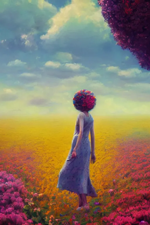 Image similar to giant flower head, girl walking in a flower field, surreal photography, sunrise, dramatic light, impressionist painting, colorful clouds, digital painting, artstation, simon stalenhag